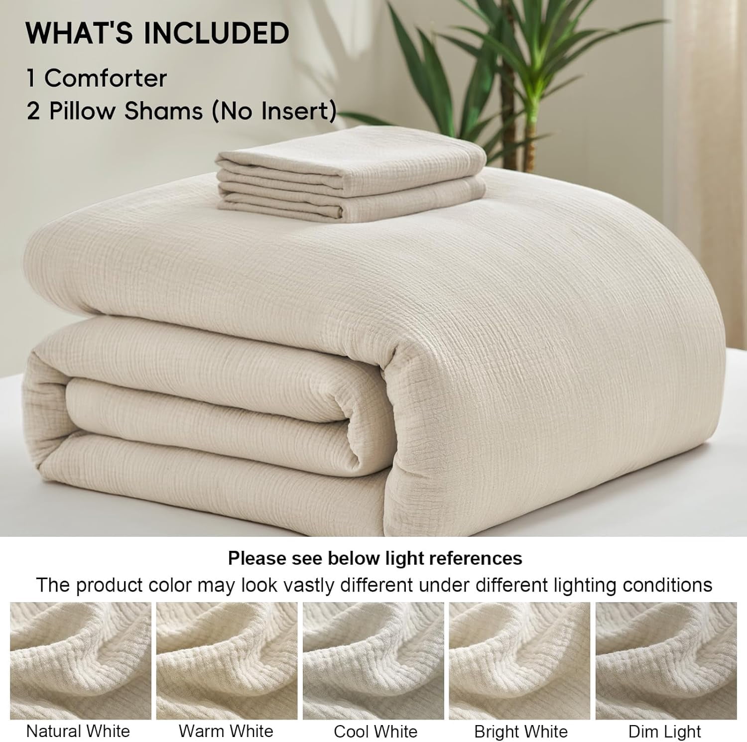 PHF Cotton Muslin Comforter Set Queen Size, Ultra Soft Breathable & Lightweight Bedding Set for All Seasons, 1 Comfy Comforter 90"x90", 2 Pillow Shams 20"x26", Natural