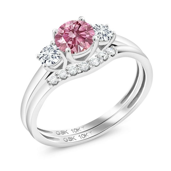 Gem Stone King 10K White Gold Pink and White Lab Grown Diamond 3-Stone Bridal Engagement Wedding Ring Set for Women | 0.75 Cttw | Wedding Engagement Anniversary Promise Ring for Women| Size 9