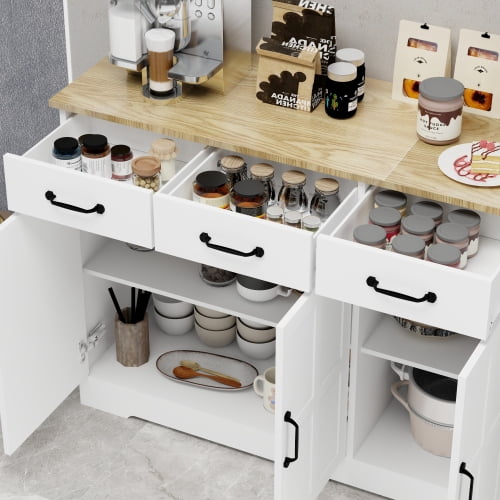 Farmhouse Storage Cabinet with 3 Doors and 3 Drawers, Storage Sideboard with Adjustable Shelves, White
