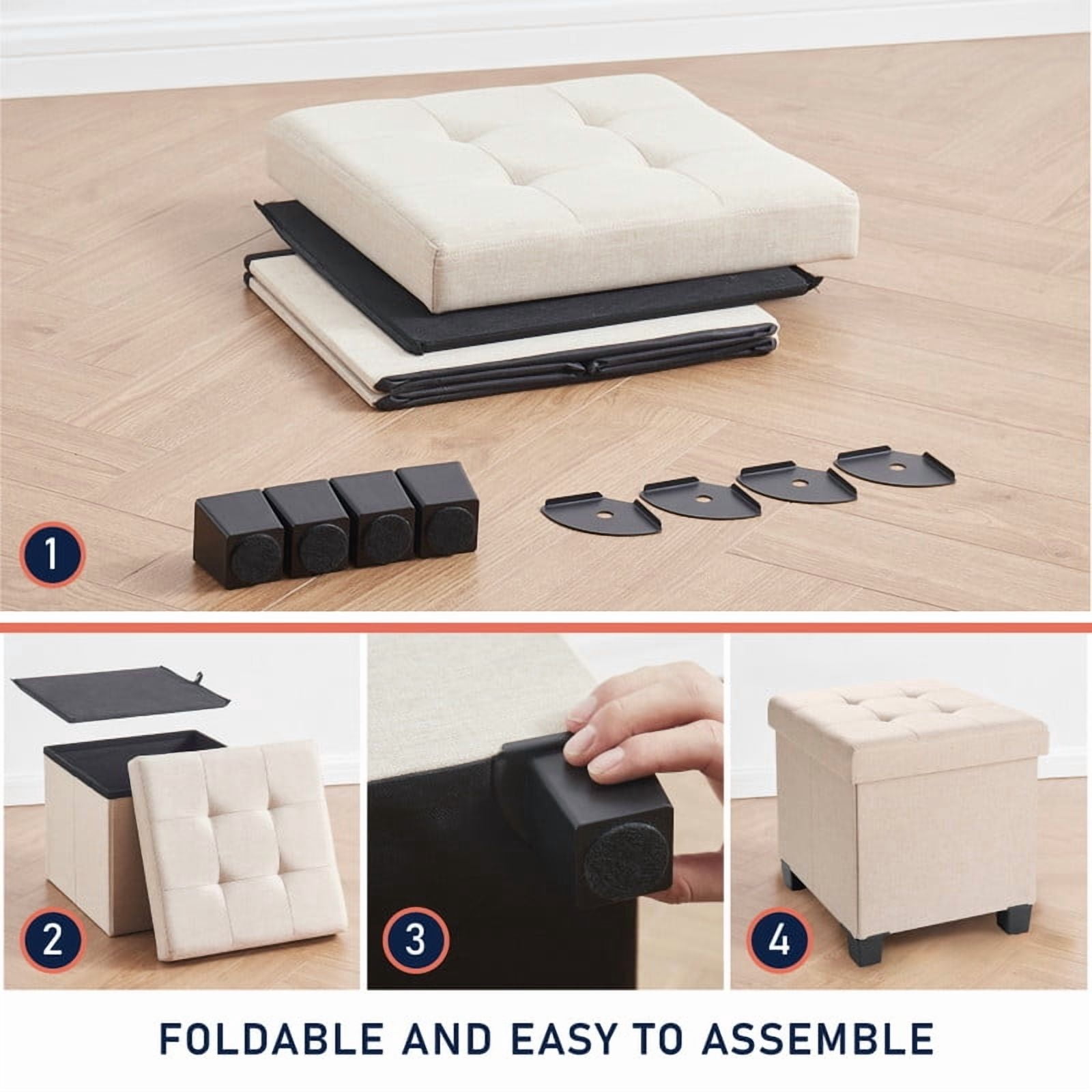 Ornavo Home 15 Inch Folding Storage Ottoman with Storage, Square Cube Linen Small Storage Ottoman Foot Rest Stool with Legs