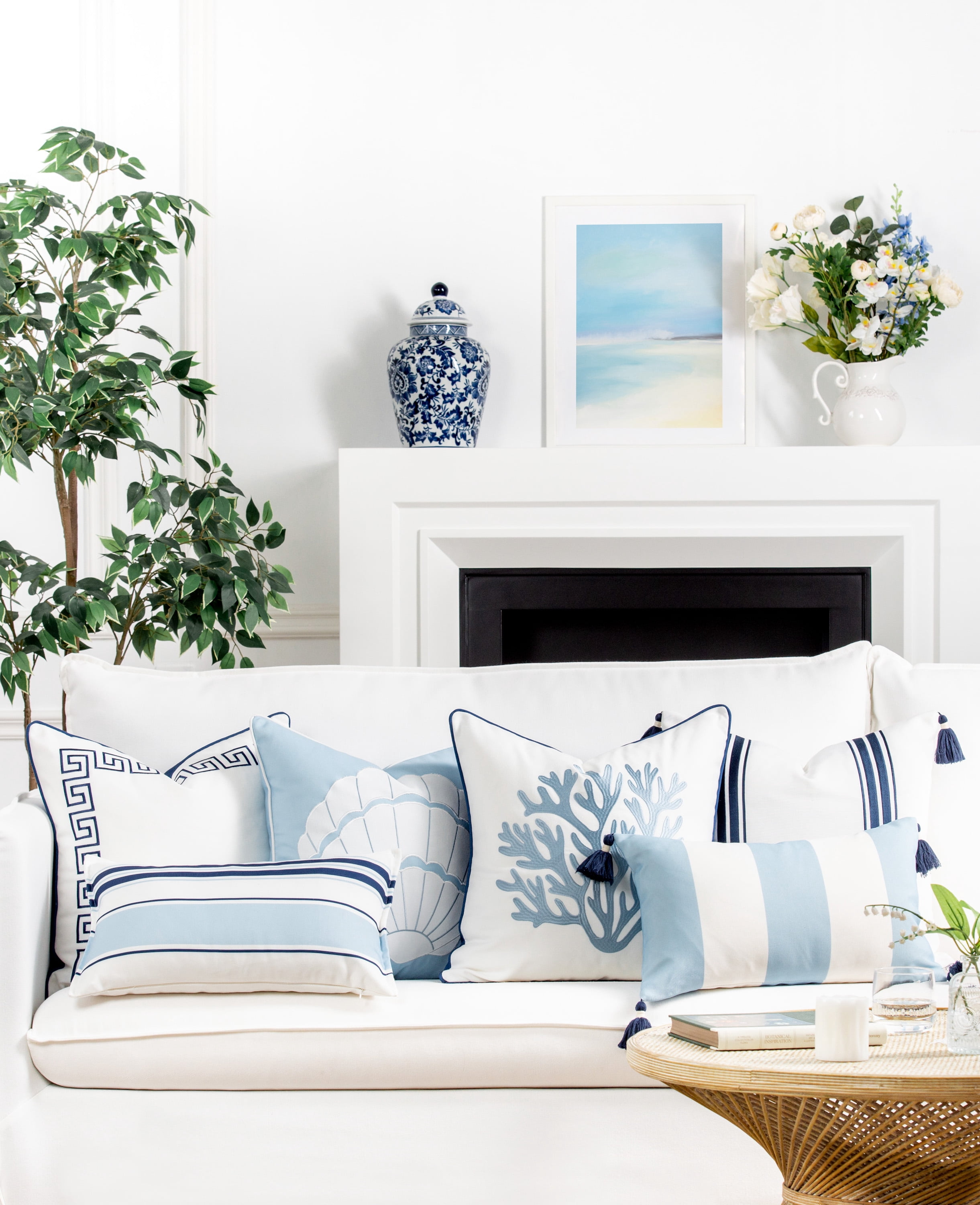 Hofdeco Premium Coastal Patio Indoor Outdoor Lumbar Pillow Cover Only, 12"x20" Water Repellent for Backyard, Couch, Navy Baby Blue Stripes