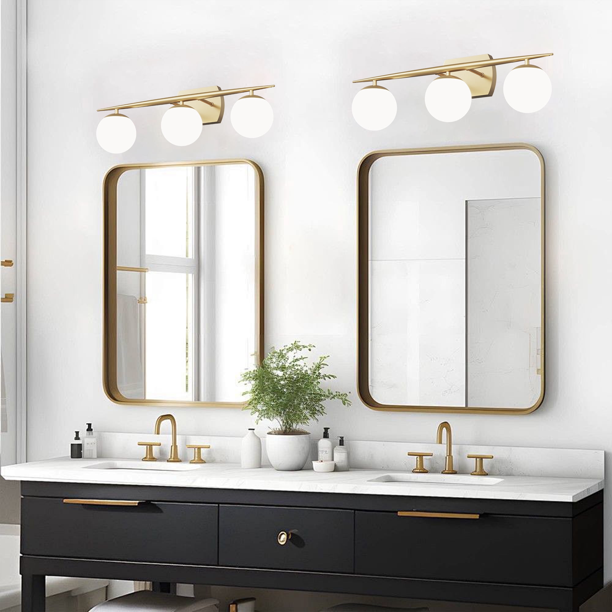 Black Vanity Lighting Fixtures, 4-Light 34.7 Inch Modern Bathroom Light with Milky White Frosted Glass Shades, Wall Lights for Bathroom, Bedroom, Living Room（G9 Bulb not Included）