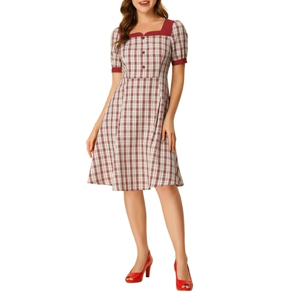 Allegra K Women's Summer Contrast Square Neck Short Sleeve A-Line Plaid Dress