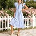 thumbnail image 2 of WRKEKC Robes Midi pour Femmes à Rayures à Double Volant Manches Courtes Col en V Midi Entretien Facile Extensible Confort Chic Doux, 2 of 5