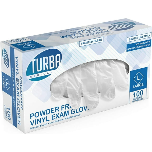 Turba Medical Disposable Vinyl Exam Gloves, Large, Box of 100