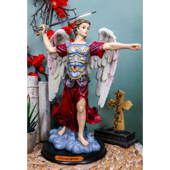 Ebros Byzantine Archangel Saint Michael with Brass Name Plate Wooden Base 12.5"H