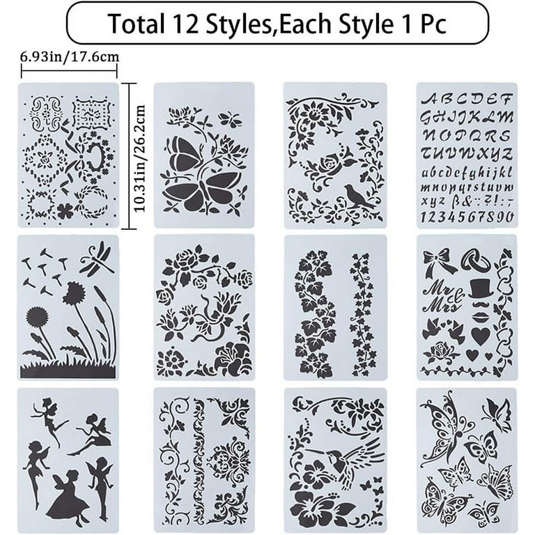 12 Styles 10.3 12-styles-10-3-x-6-9-ivy-plastic-drawing-art-stencil-reusable-vine-fairies-template-butterflies-dragonflies-alphabet-number-flower-bird-border-stencils-for-wood-floor-furniture-fabric-walmart-com
