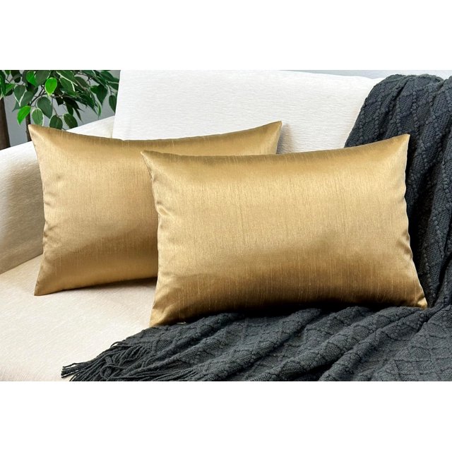 Aiking Home 12x18 Inches Faux Silk Rectangular Throw Pillow Cover, Zipper Closure, Brass (Set of 2)