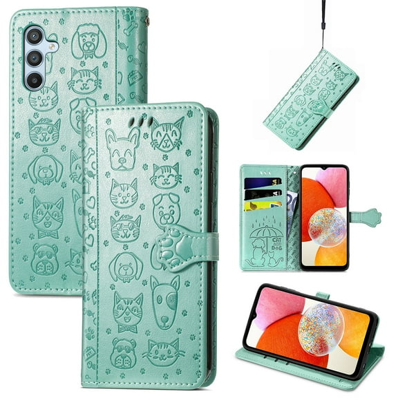 for Samsung Galaxy A14 5G Case Wallet,Magnetic Closure PU Leather Cute Embossed with Wrist Strap, RFID Blocking Card Slots Pocket Flip Kickstand Protective Phone Case Cover,Green