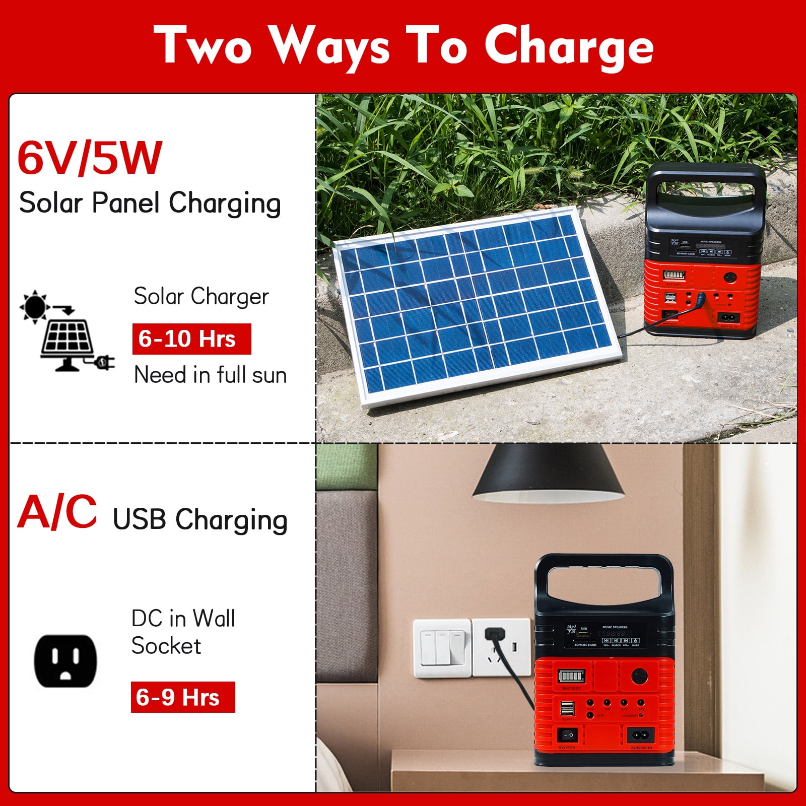 Portable Power Station,Solar Generator with Panels included,LiFePO4 Lithium Battery Pack Small Solar Powered Generator with DC/USB Outlets,LED Flashlight for Home Use,Outdoor Camping Quiet(Red)