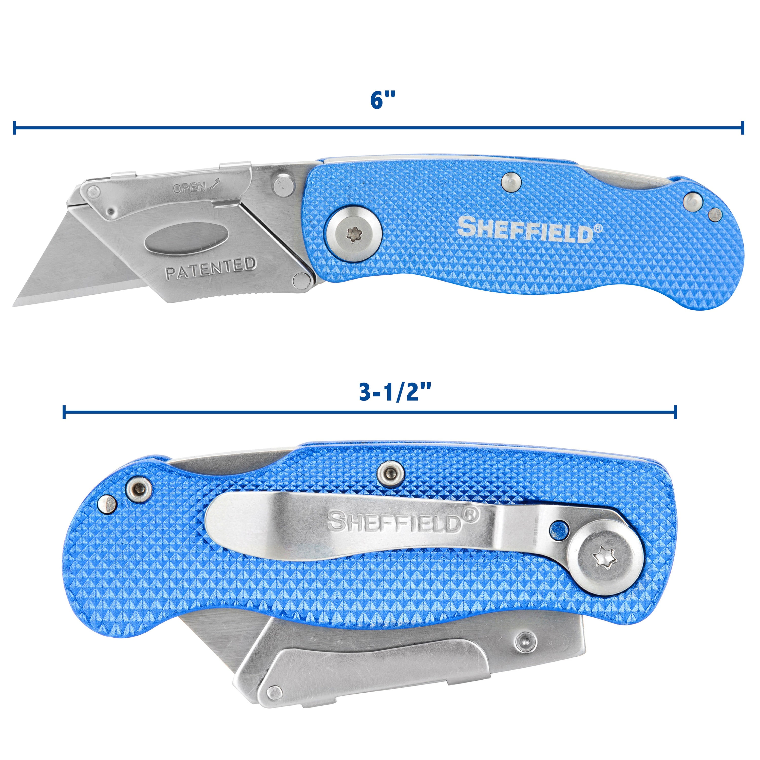 Sheffield Quick Change Folding Utility Knife, 6 inch, 3 Pack, Blue