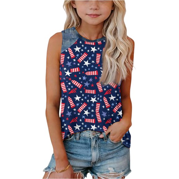 Grblisyd 4th of July Girls Tank Tops Independence Day Kids Summer Flowy Loose Fit Casual Cute Sleeveless Crewneck T Shirt 7-8 Years