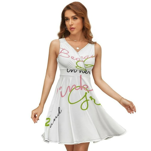 A Beautiful Queen in Her Pink And Green Sleeveless Dress Women Summer Evening Dresses Ladies Sundress