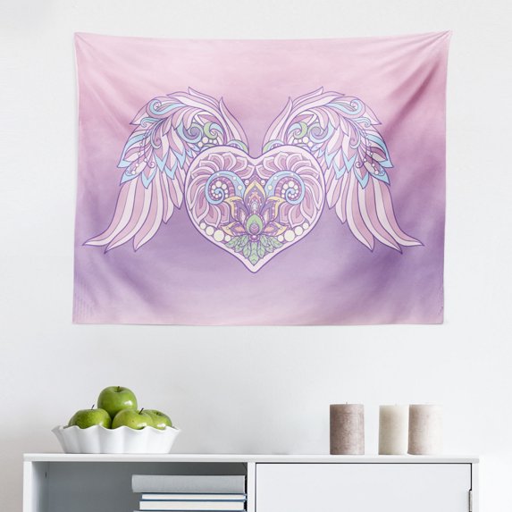 Angel Wings Tapestry, Pastel Wings Doodle Girls Romantic Valentines Day Eros Cupid, Fabric Wall Hanging Decor for Bedroom Living Room Dorm, 2 Sizes, Lavender Blue Dried Rose, by Ambesonne