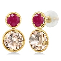 Gem Stone King 14K Yellow Gold Peach Morganite and Red Ruby Earrings for Women (1.90 Cttw, Gemstone October Birthstone, Round Cut 6MM and 4MM)
