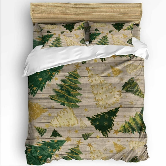 Vintage Christmas King Size Comforter Set, Green Xmas Tree Star Snowflake Wood Striped Bedding for All Seasons, 4 Pcs Bed Set with 1Comforter (90"x106") ,1 Sheet(94"x116"), 2 Pillowcases (19"x35")