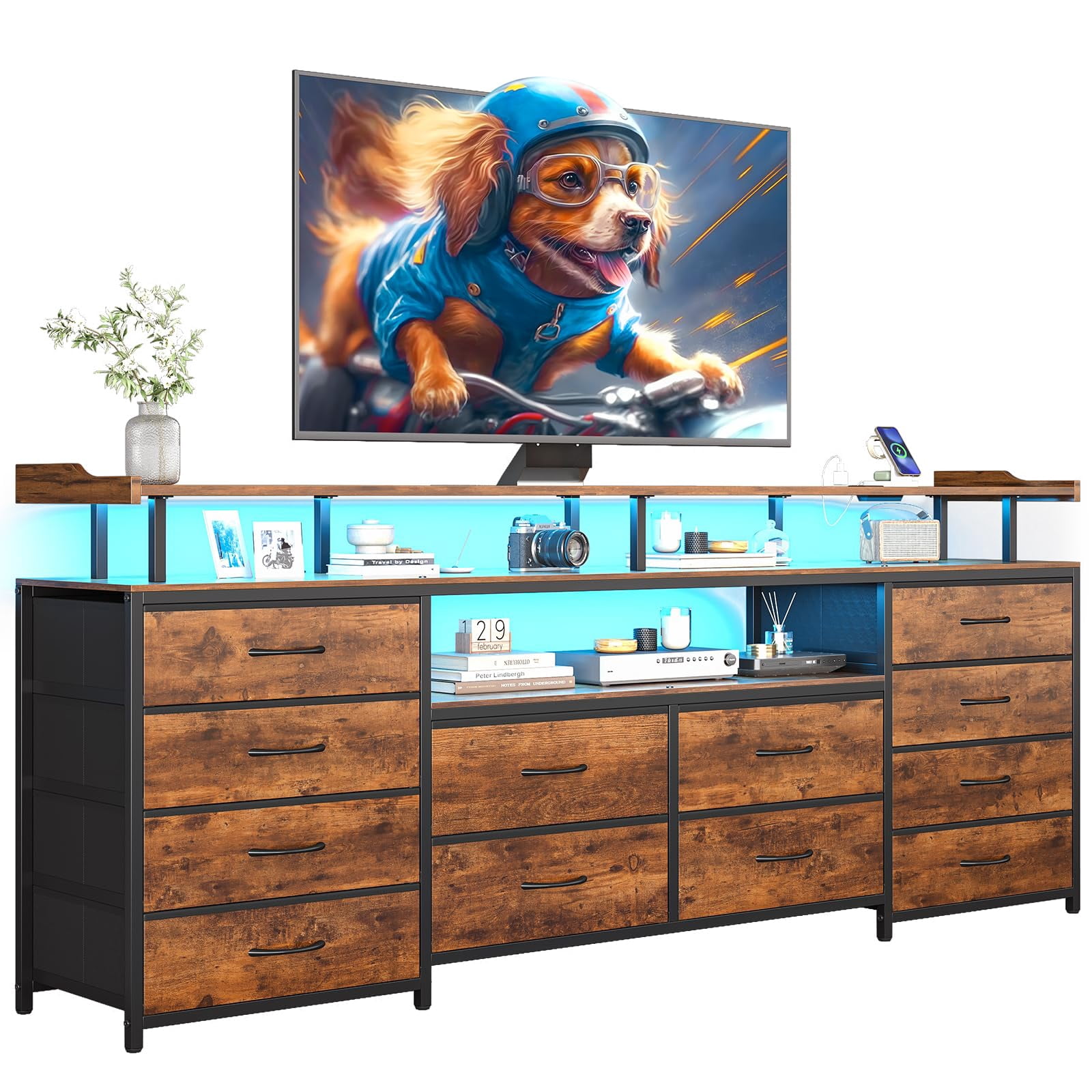 Toogaho 63" W TV Stand for Bedroom for 65 Inch TV with LED & Charging Station, Sturdy Long Dresser with 12 Fabric Drawer & Open Shelf, Large TV Console for Bedroom, Rustic Brown