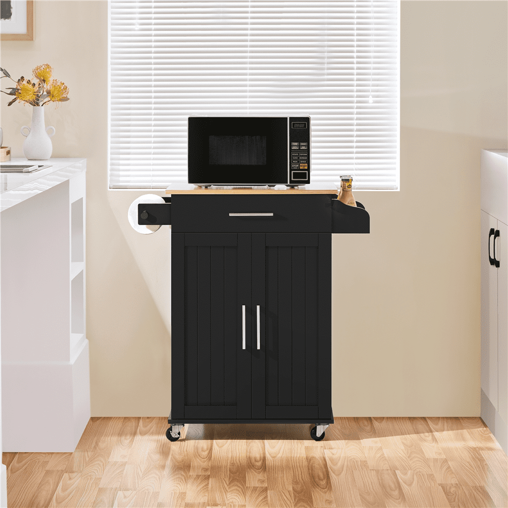 Alden Design Rolling Storage Kitchen Cart with Pull Out Drawer, Black