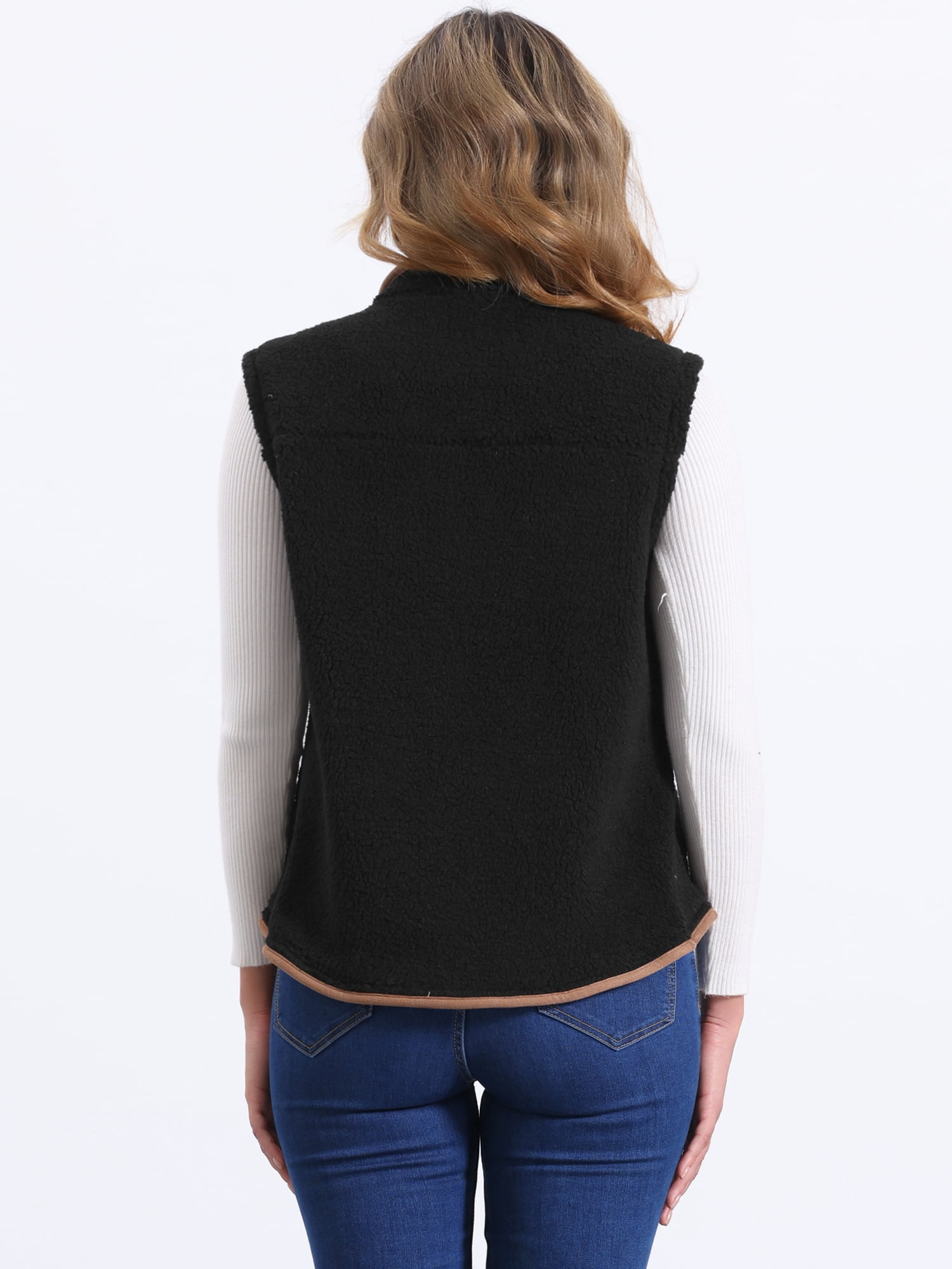 DARING DIVA Women's Fleece Button Down Jacket with Pockets Oversized Fuzzy Vests S Black