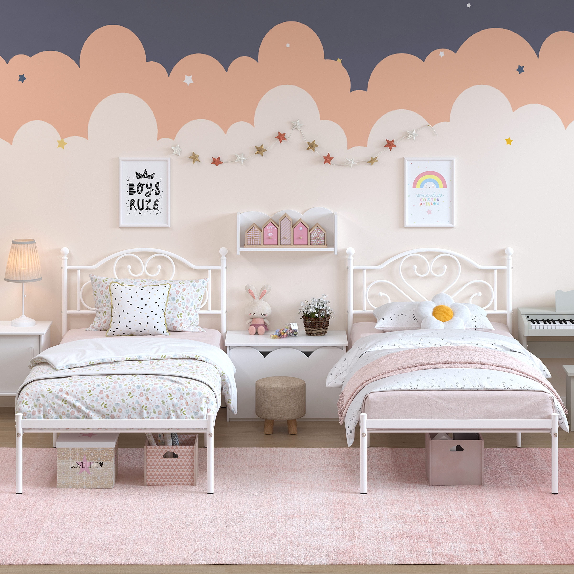 Yoneston 12” Twin Heavy Duty Metal Platform Bed Frame with Love-Heart Shape Headboard for Girls Bedroom Furniture, White