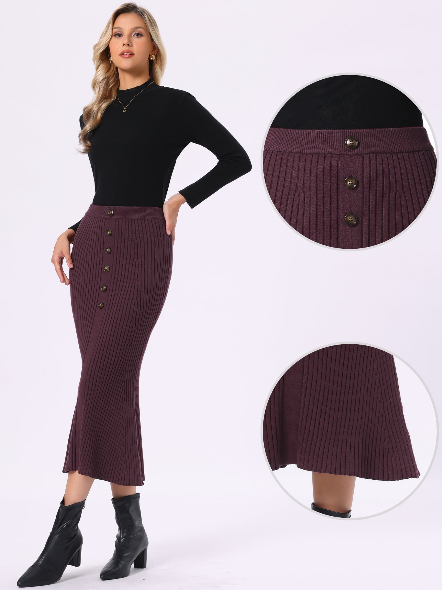 DARING DIVA Women's Knit Maxi Skirt Elastic Waist Ribbed Fishtail Skirt S Deep Purple Red