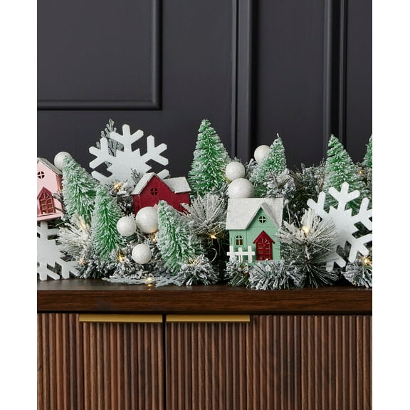 60 inch Snowy Cottage Mantel Swag, Pre-Lit with LED Fairy Lights, Artificial Flocked Greenery with Christmas Cottages, Battery-Operated Indoor Home Décor - by Seasonal LLC