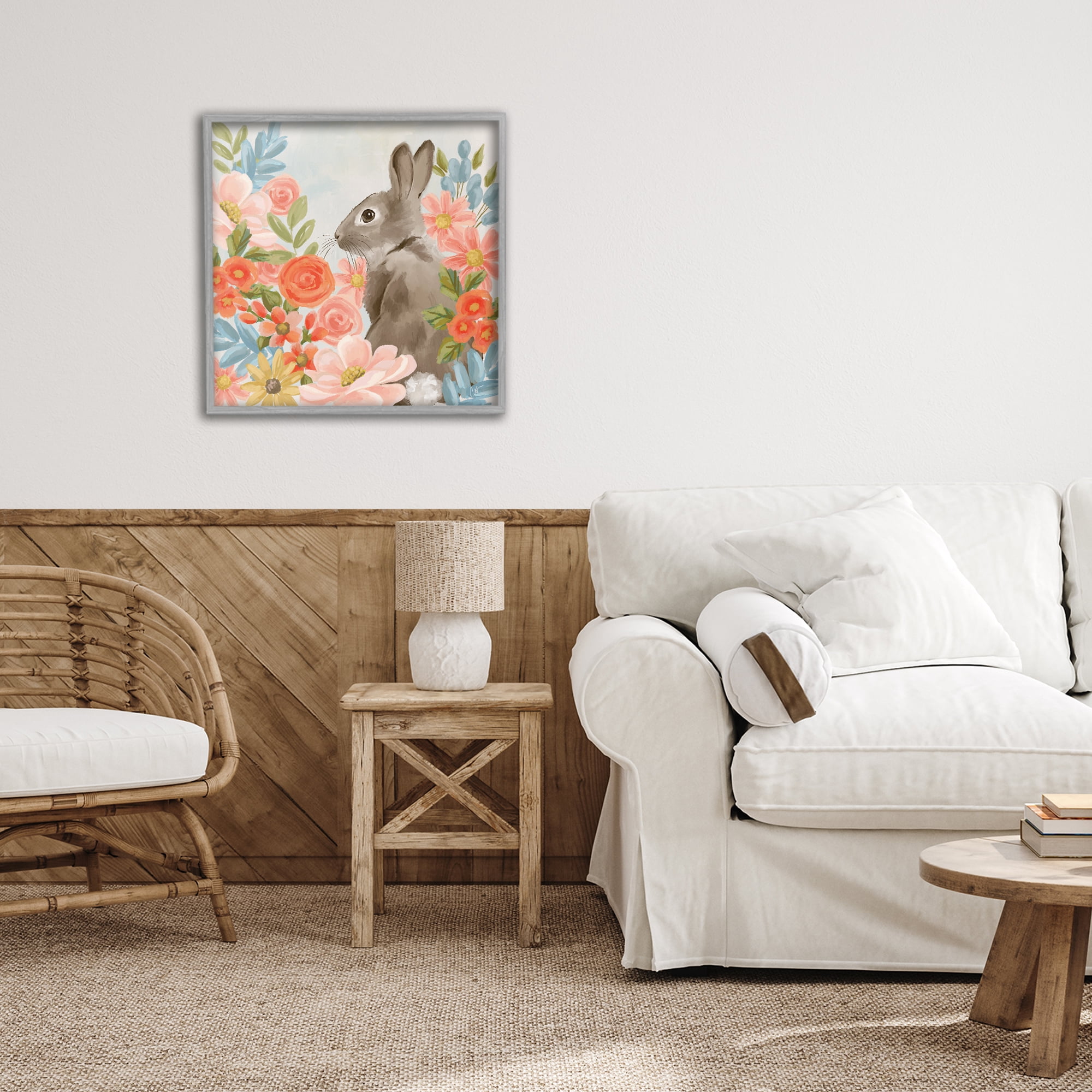 Stupell Industries Bunny In The Blooms Gray Framed Giclee Art, design by Cat Thurman Designs
