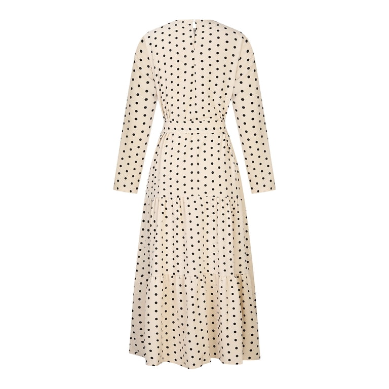 Awdenio Womens Flowy Long Sleeve Dresses on Sale Women's Fashion Round Neck Loose Long Sleeve Dots Ankle-Dress Swing Long Dress