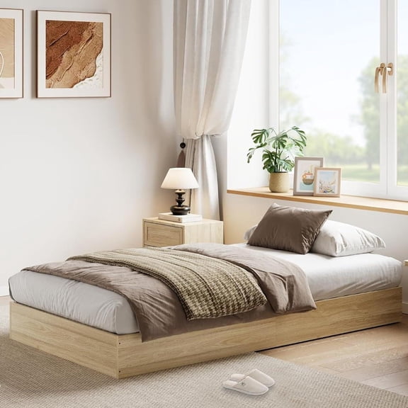 Golden Tan Solid Wood Twin Size Floor Standing Platform Bed, Sturdy Wood Slat Support Bed Frame, No Box Spring Required Easy Assembly Bedroom Furniture
