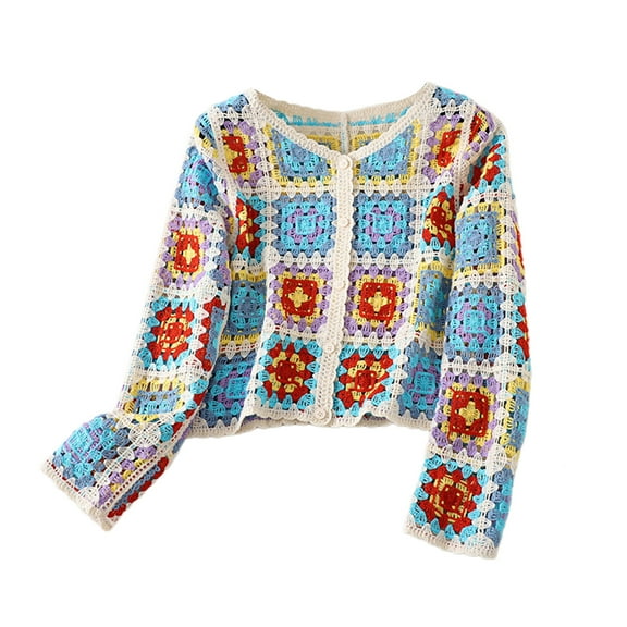 JNANEEI Women Casual Button Down Crochet Cropped Cardigan Long Sleeve Ethnic Hollow Knit Colorful Sweater for Jacket Cover Up Co