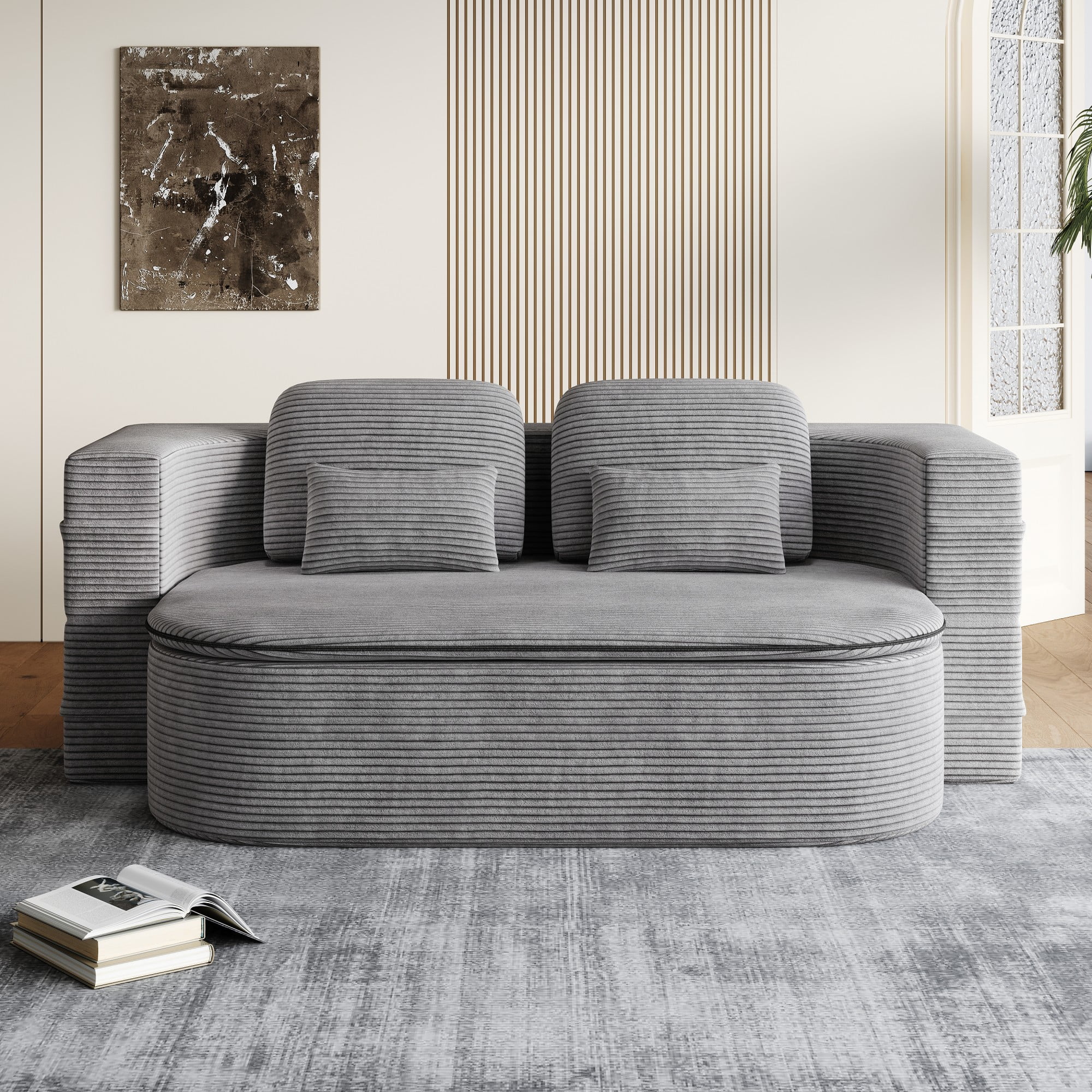 2-in-1 Convertible Sofa Bed,75'' Foldable Sleeper Sofa Bed,Corduroy Floor Folding Sofa Bed Lounge Sofa with Multi Functional Blanket for Living Room Bedroom,Grey