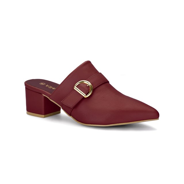BLISSFUL STEP Women's Shoes Buckle Strap Pointed Toe Chunky Heel PU Vamp Mule Shoes Burgundy 7