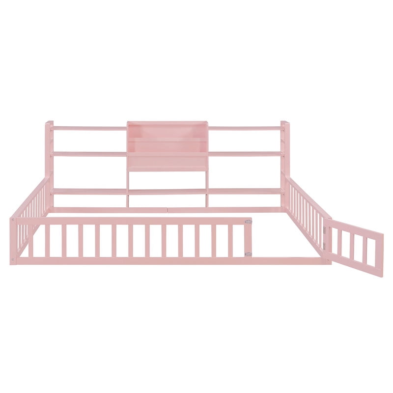 Full Size Floor Bed Platform Bed with Side Bookcase and 3-Tier Storage Shelves, Solid Wood Low Profile Montessori Floor Bed with Safety Guardrails for Kids, Boys, Girls