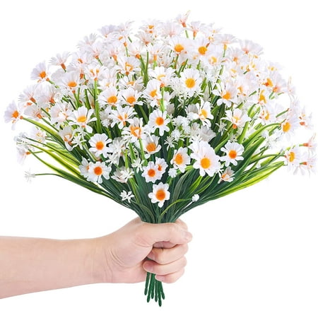 Morttic 8 Bundles Artificial Daisy Flowers Fake Sunflowers UV Resistant No Fade Faux Greenery Faux Plastic Flowers for Wedding Garden Hanging Planter Indoor Porch Patio Office Home Decoration (White)
