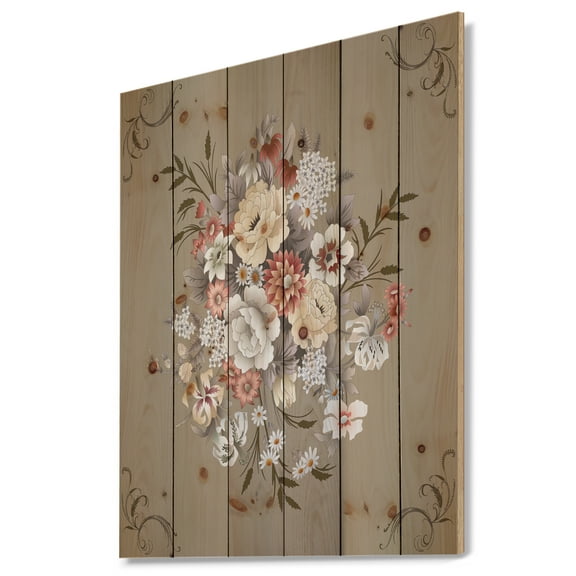 Designart 'Yellow and White Floral Pattern' Floral Print on Natural Pine Wood