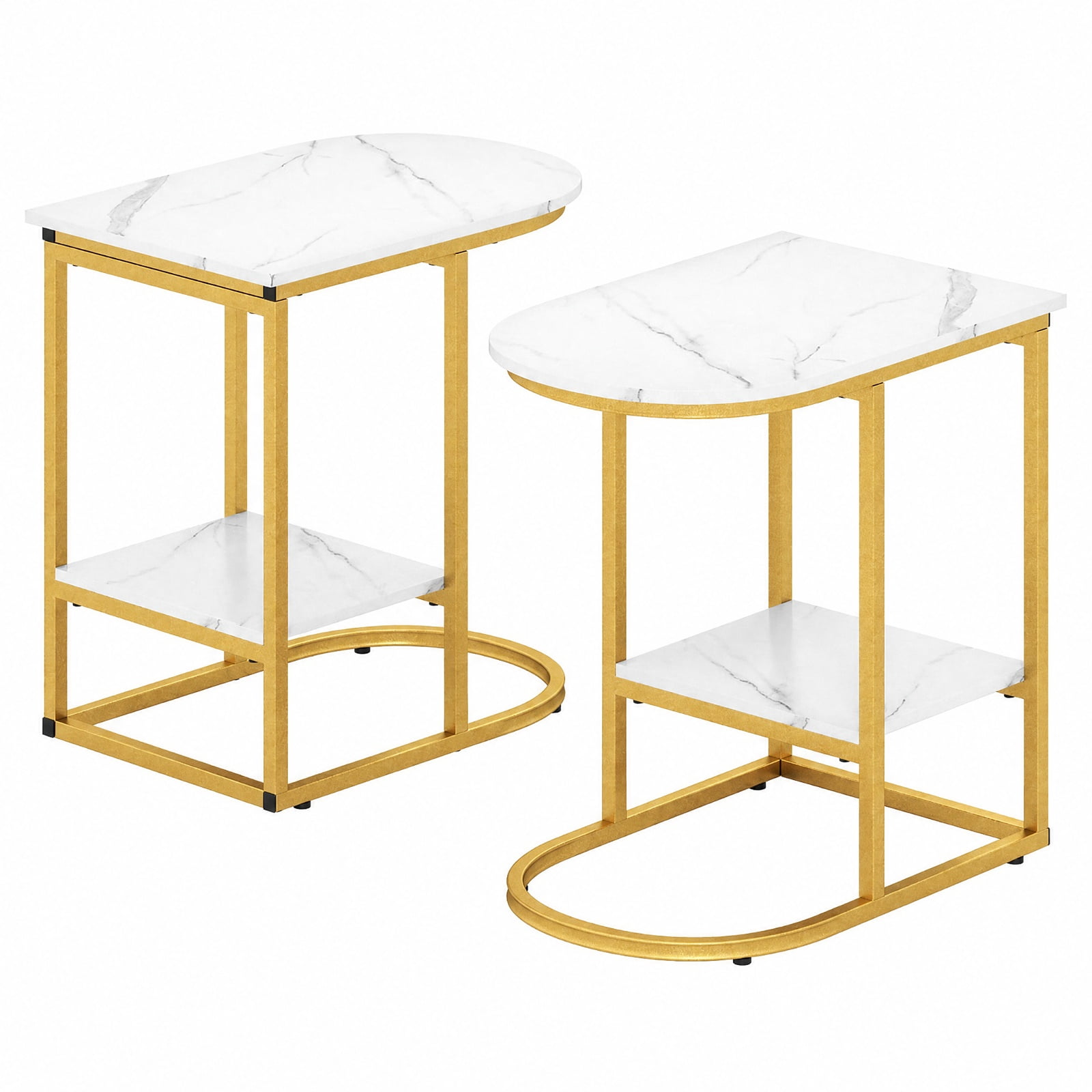 Furnibear C Shaped Modern Sofa Side Table Set of 2 with Faux Marble Tabletop and Two Tier Storage Shelf for Living Room and Bedroom, White