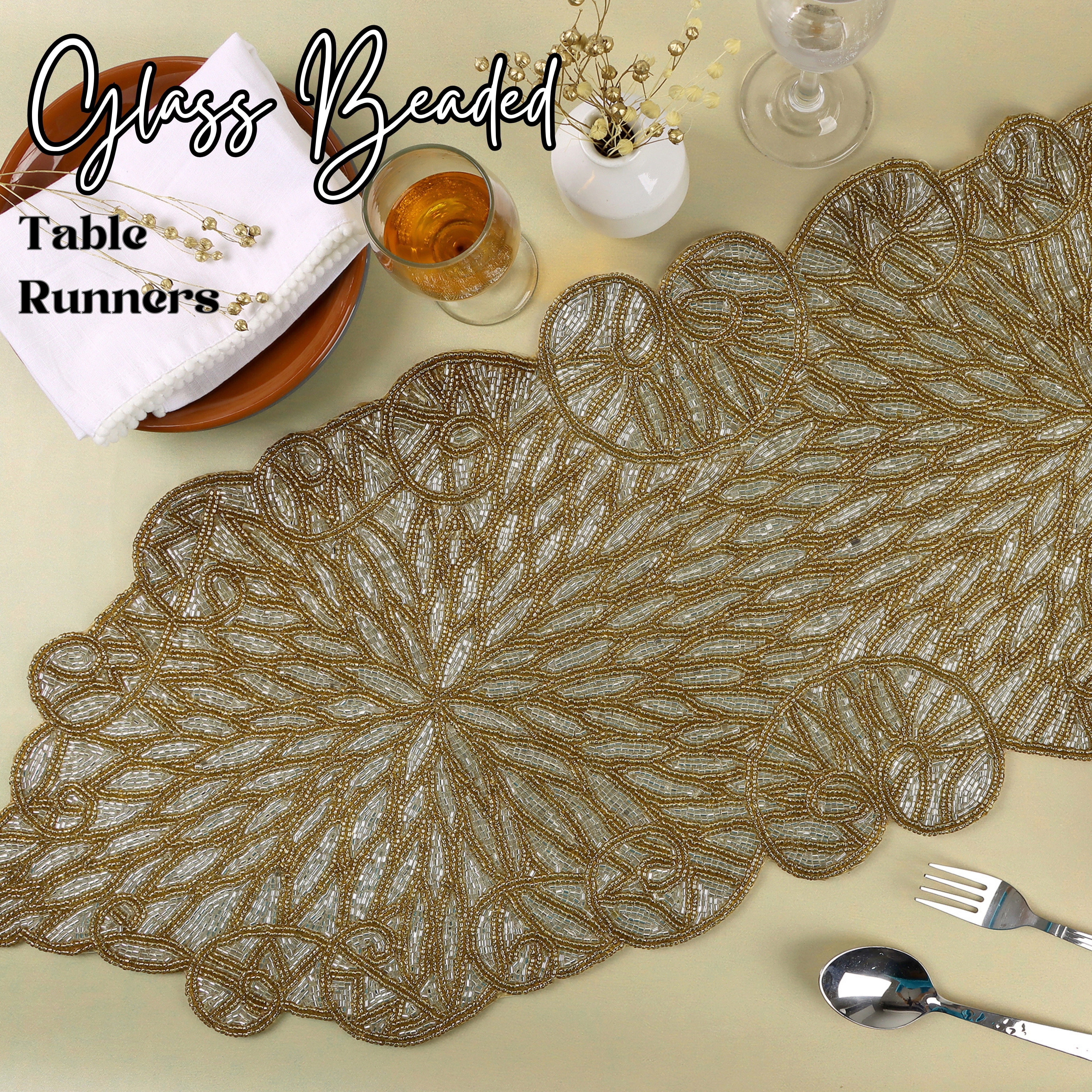 Glass Beaded Handmade Table Runner - Stylish Centerpiece for Parties and Weddings (Gold)