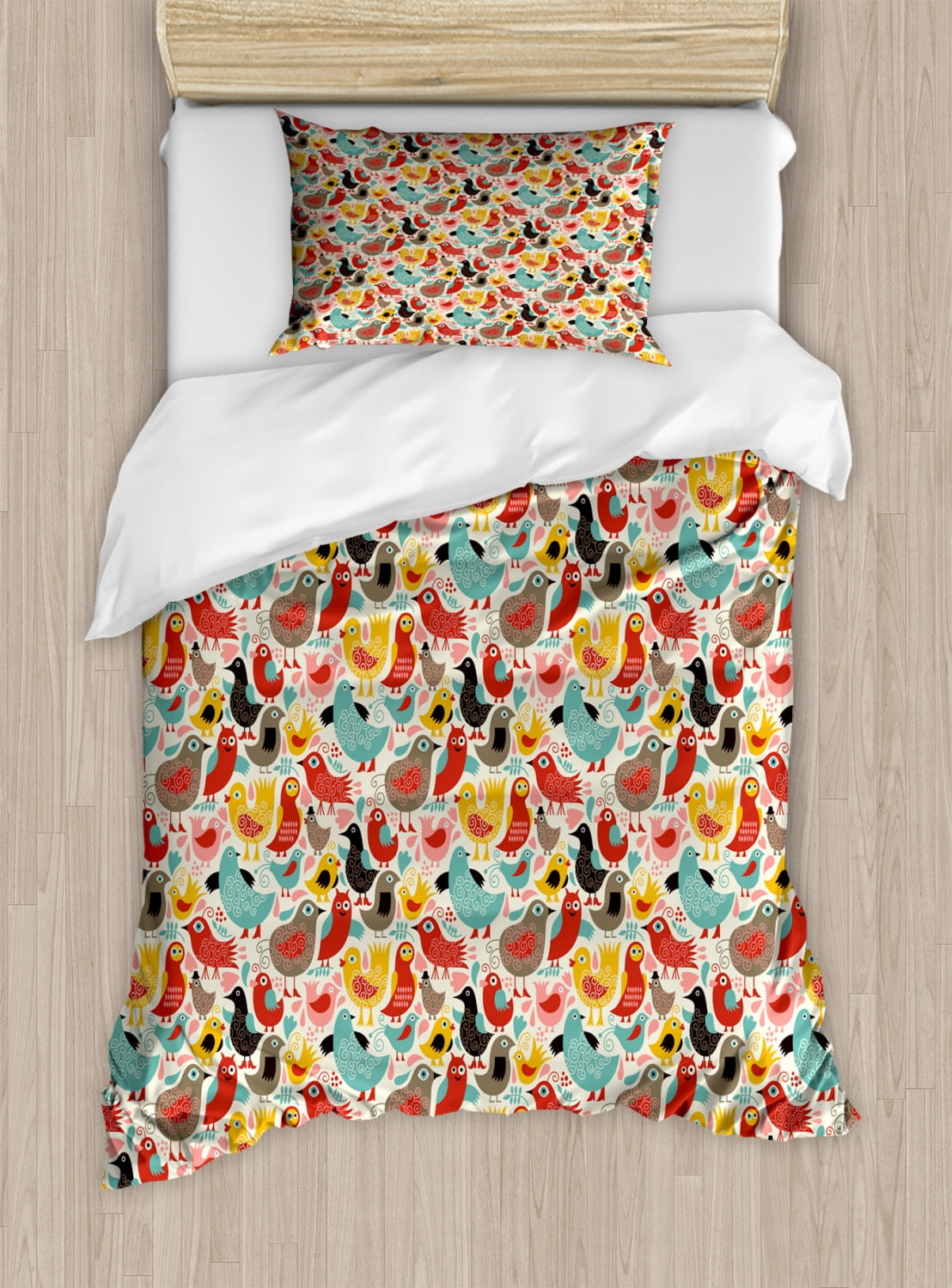 Birds Twin Size Duvet Cover Set, Whimsical Artistic Birds in Different