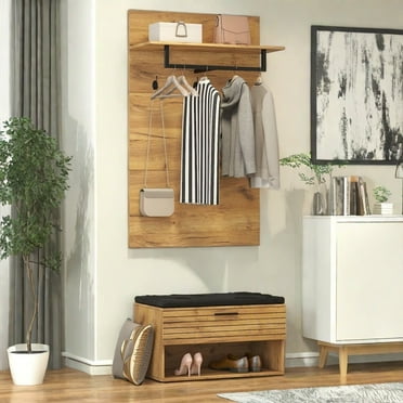 KEAIDO Hall Tree with Bench and Shoe Storage Set,  Entryway Bench with Coat Rack, 3 Hooks, Storage Drawers and Shelves, Rustic Brown and Black
