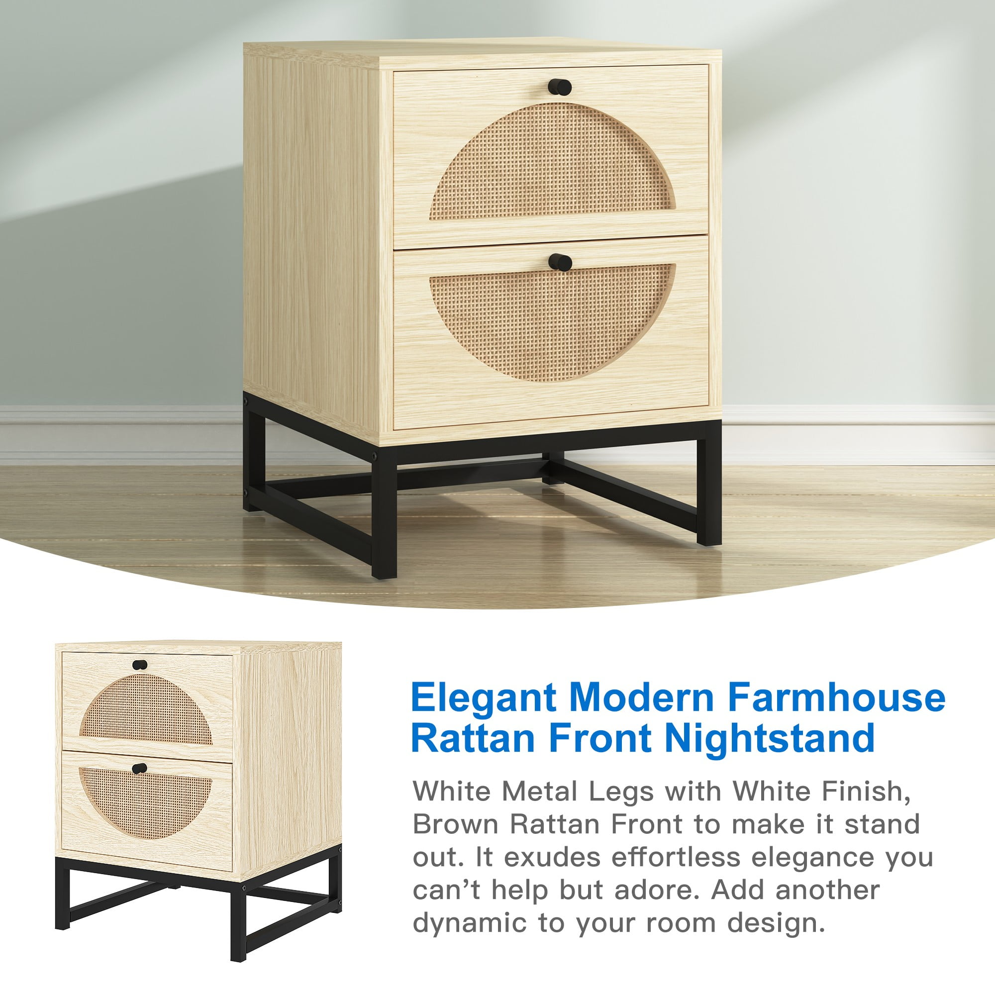 Finihen Rattan Nightstand, Modern Boho Farmhouse Wood Bedside Table with 2 Drawer, Metal Frame Side End Table for Bedroom, Living Room, Office, Beige Finihen Rattan Nightstand, Modern Boho Farmhouse Wood Bedside Table with 2 Drawer, Metal Frame Side End Table for Bedroom, Living Room, Office, Beige