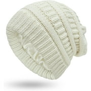 Muryobao Womens Winter Warm Knitted Hat Satin Silk Lined Cable Knit Beanie Chunky Slouchy Skull Cap White