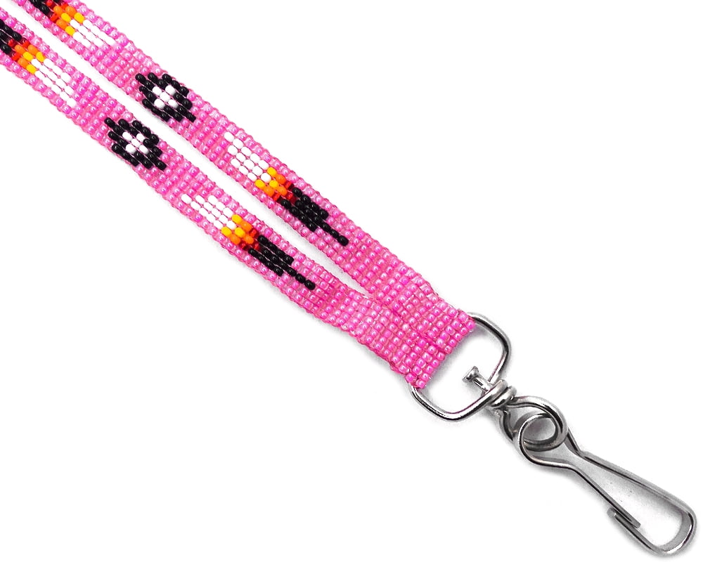 Native Inspired Seed Bead Feather Pattern Thin Strap Lanyard Holder Metal Clasp Handmade Gifts
