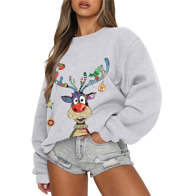 Chandails en Molleton de Noël pour Femmes 2023 Mode de Noël Décontractée Manches Longues Col Rond Imprimé Chandail en Molleton Blouse Automne pour Femmes en Liquidation