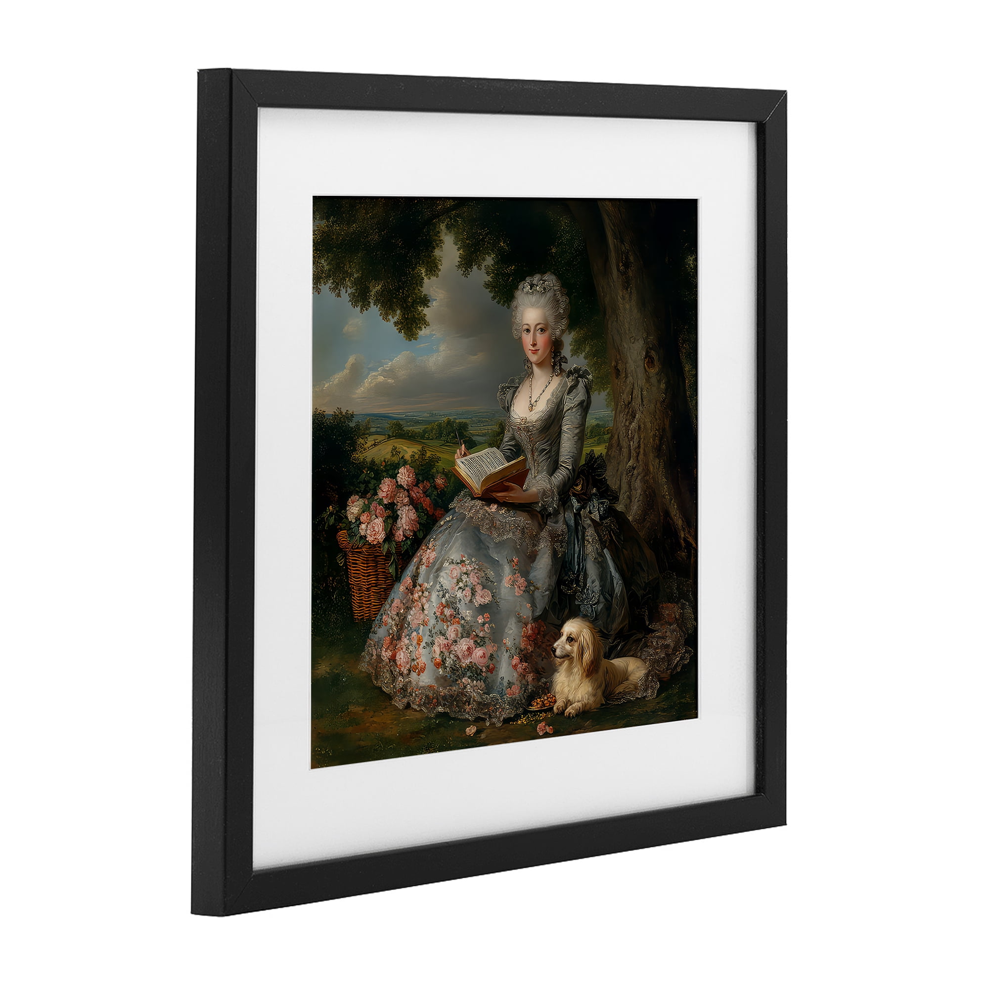 Stupell Industries Reading Rococo Lady with Dog Black Framed Print Under Glass, design by The Wands Want