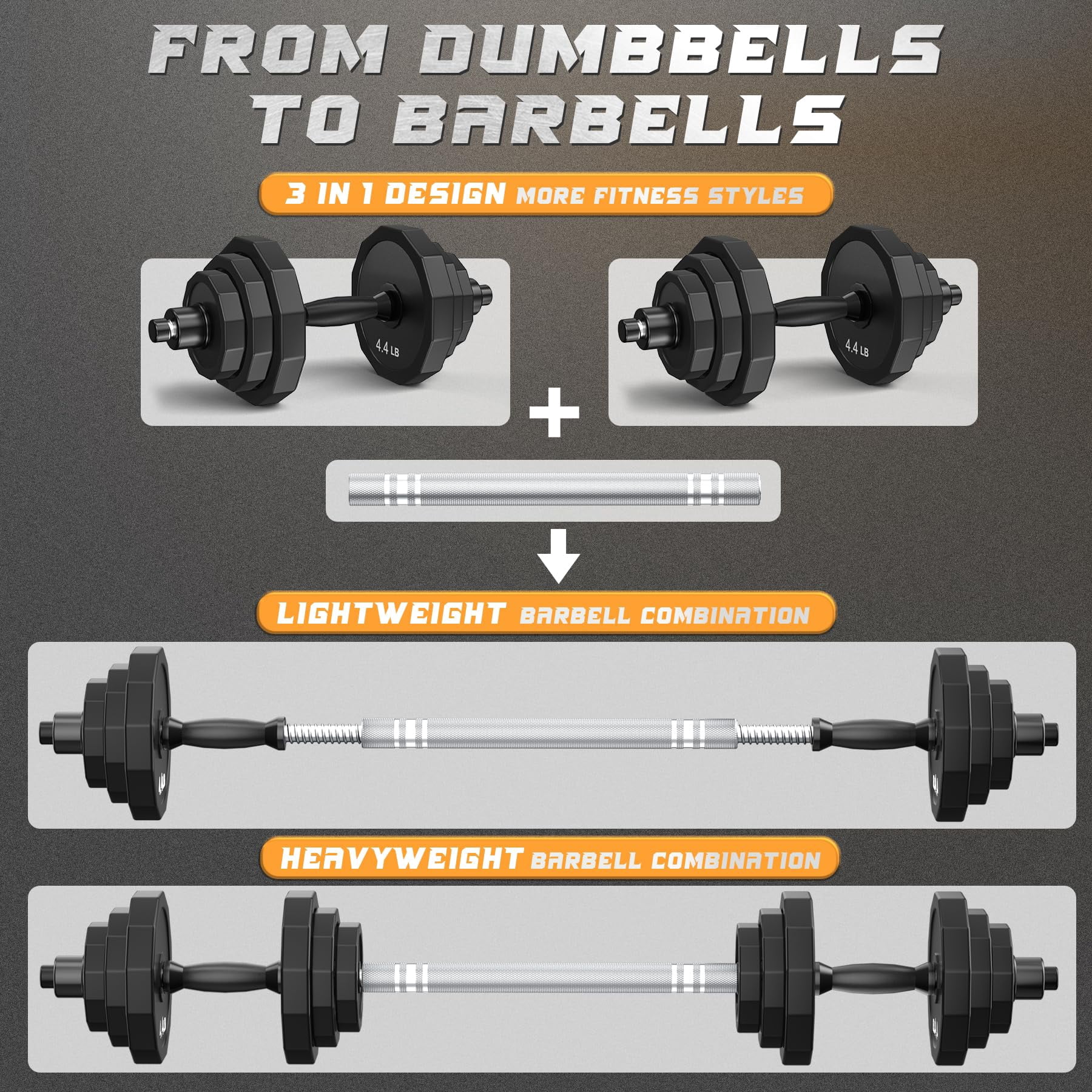 Weights Dumbbells Set  Adjustable Dumbbell Sets 22lbs 44lbs 66lbs 88lbs With Solid Steel Barbell Free Weight Connector Workout Home Gym Equipment For Men Women Strength Shaping