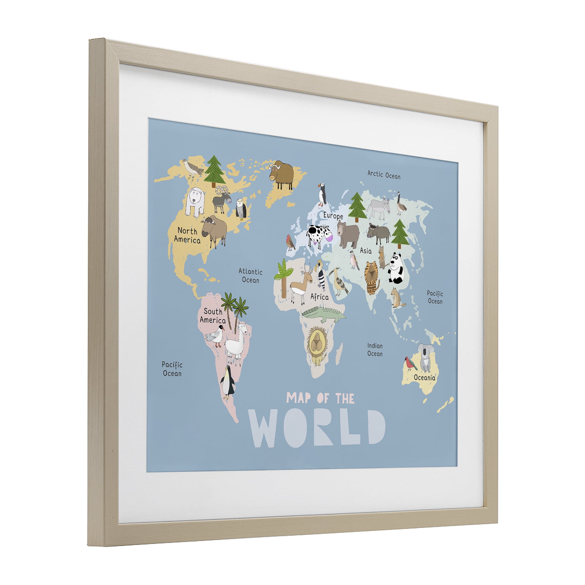 Kid's Map Of World Blue Birch Framed Print Under Glass, design by Carla Daly