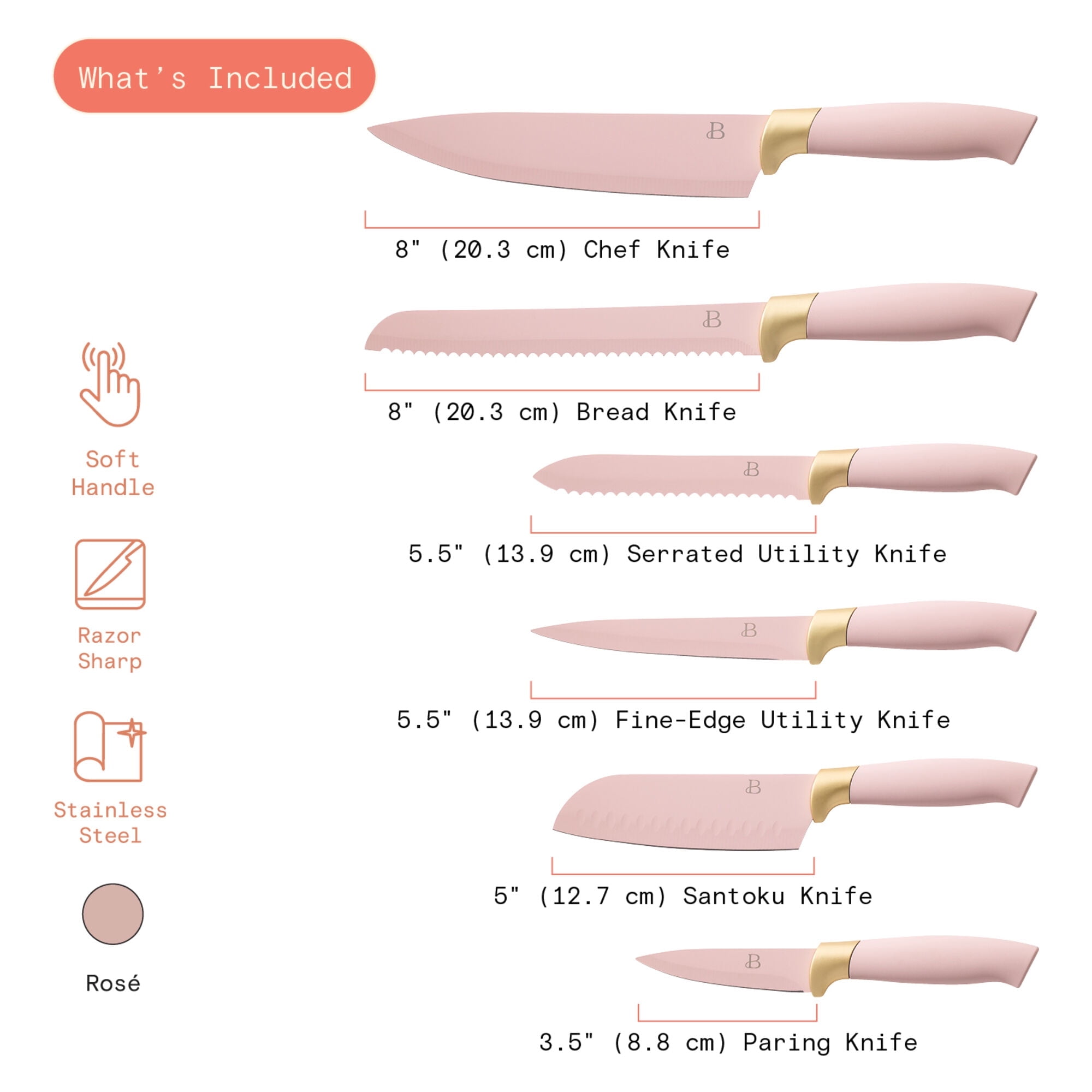 Beautiful 6-Piece Soft Grip Knife Set Rose with Gold Accent by Drew Barrymore