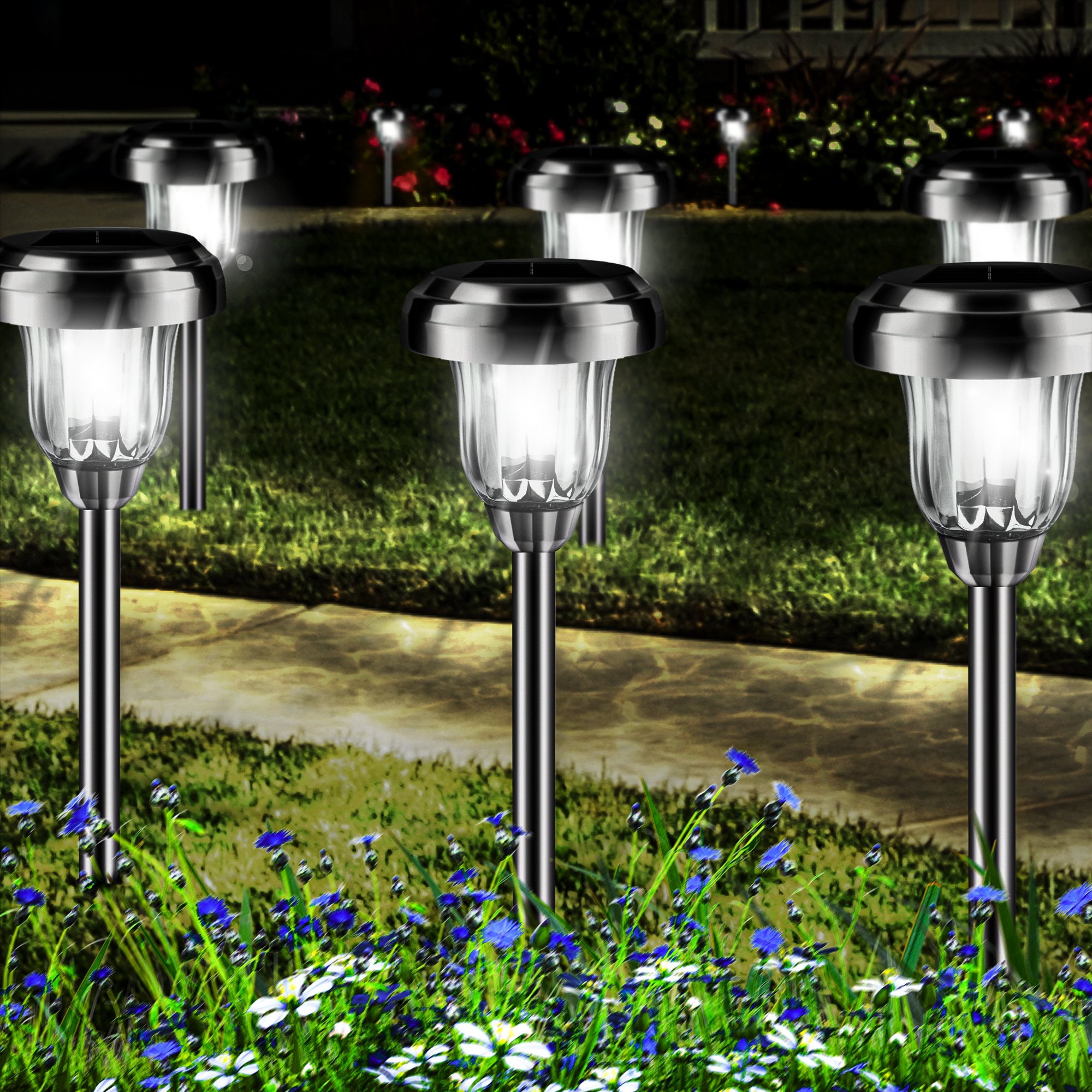 30 Pack Stainless Steel LED Solar Garden Path Mini Bollard Lights Cool White DIY 