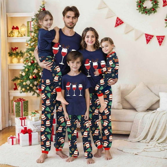 REORIAFEE Family Christmas Pajamas 2 Piece Big and Tall Loungewear Long Sleeve Top Pant Santa Graphic Soft Sleepwear Blue M-3XL