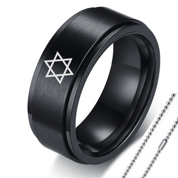 Judaism Star of David Stainless Steel Men's Spinner Ring with Necklace Chain, Religious Israel Jewish Magen David Star Rotatable Anti Anxiety Fidget Relieving Finger Ring, Black, Size 8